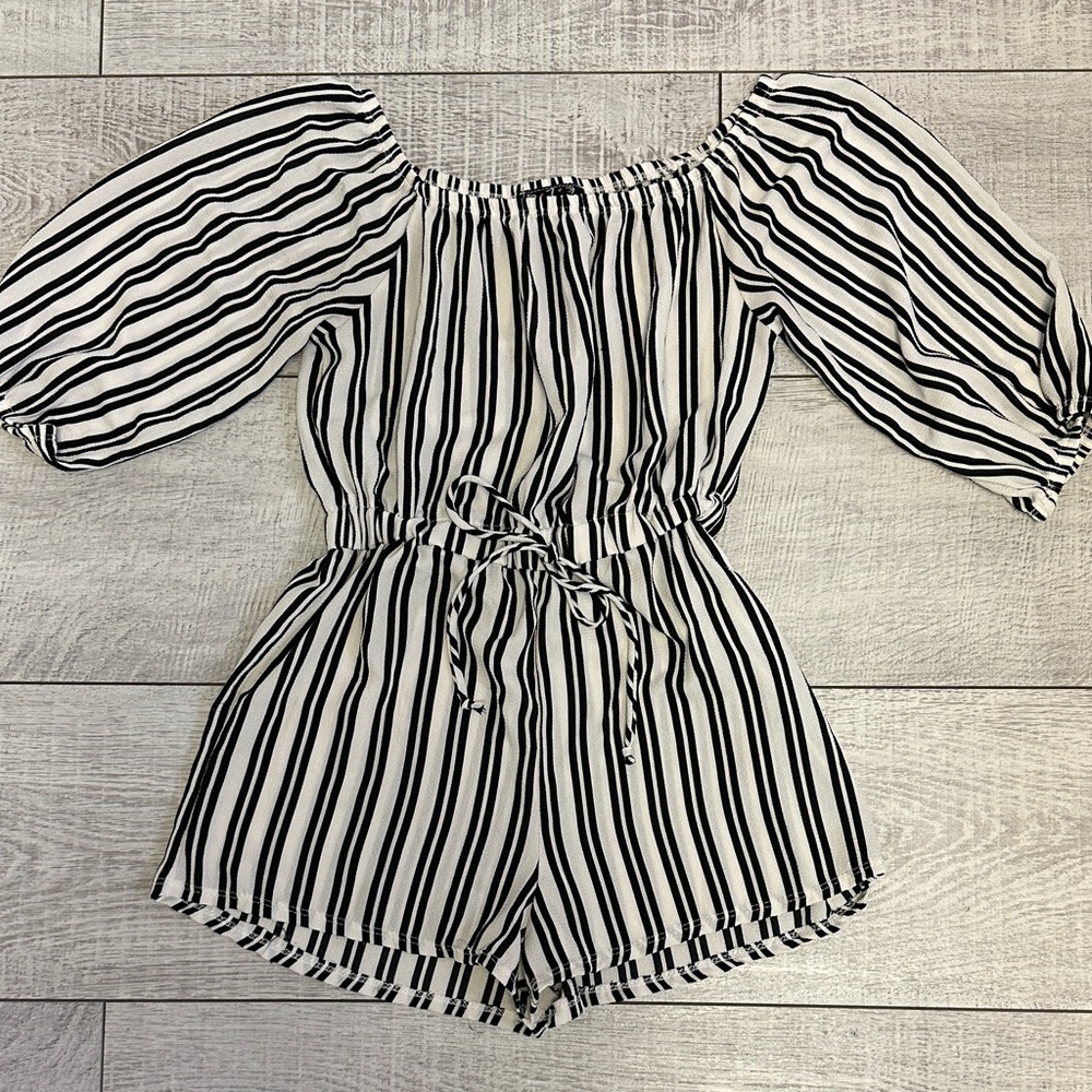 Vintage 5.7.9 Black and White Striped Off-Shoulder Jumpsuit